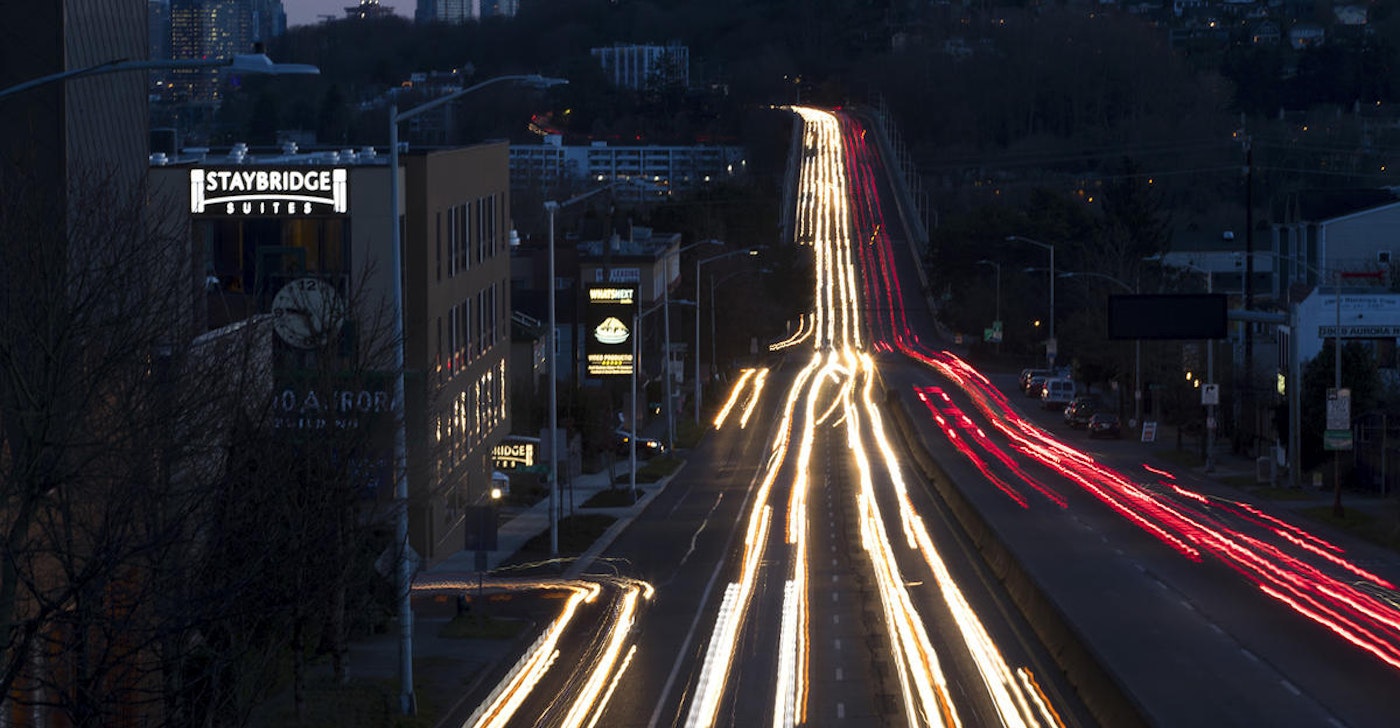 caption: Traffic is shown on Aurora Avenue North on Monday, Feb. 26, 2018, in Seattle.