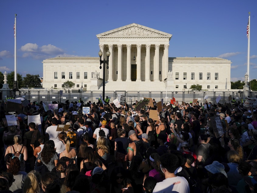 caption: Protesters filled the street in front of the Supreme Court after the court's decision to overturn <em>Roe v. Wade</em> on June 24, 2022. Nearly a year later, <em></em>61% of respondents to a new Gallup poll said overturning <em>Roe </em>was a "bad thing."