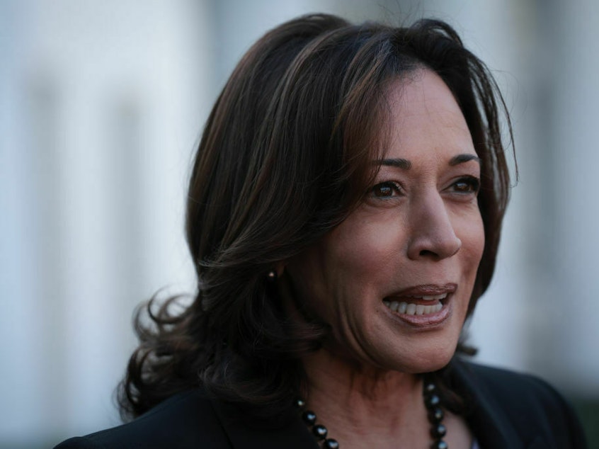 caption: Vice President Harris speaks outside the White House on Nov. 8. Harris is planning to travel to the COP28 international climate summit this week, according to a source familiar with the plans.