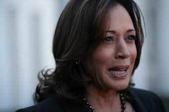 caption: Vice President Harris speaks outside the White House on Nov. 8. Harris is planning to travel to the COP28 international climate summit this week, according to a source familiar with the plans.