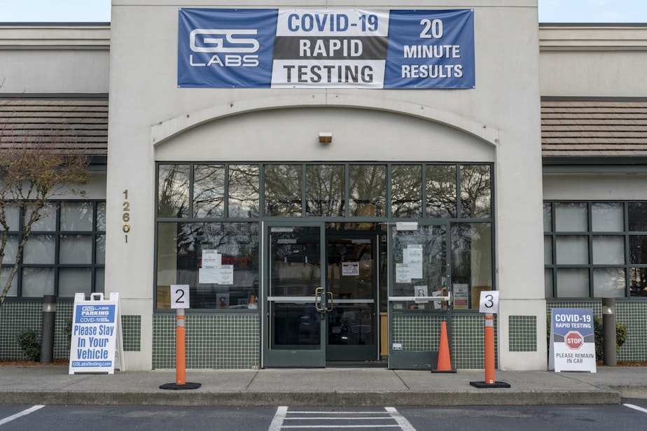 caption: GS Labs Covid-19 Testing Clinic in a closed down restaurant building in Vancouver, Washington, on March 28, 2022. 