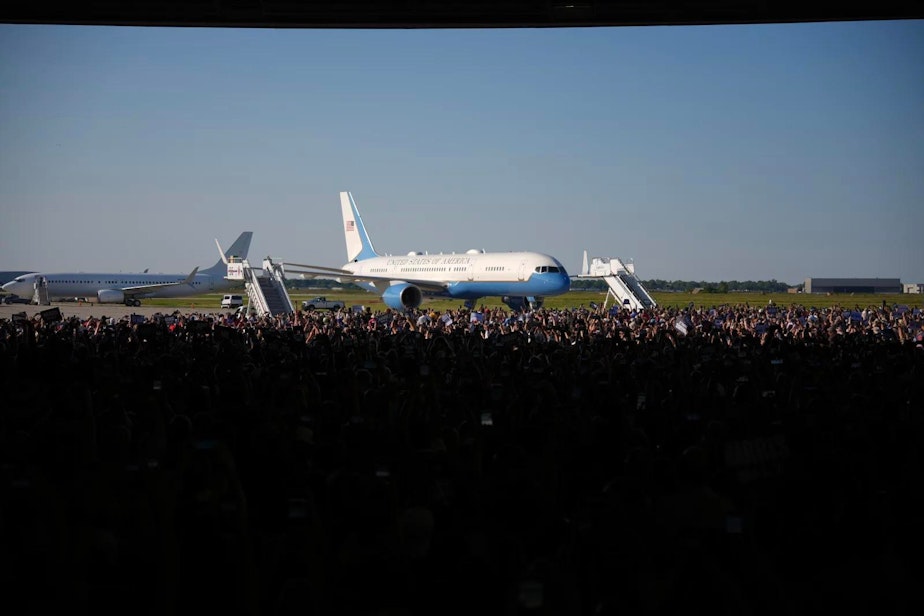 caption: Another image of Air Force Two at the rally in Detroit on Aug. 7. AI researcher Hany Farid of the University of California, Berkeley ran the disputed image through detection software to confirm that it was authentic.