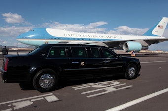caption: The presidential motorcade and Air Force One at Phoenix Sky Harbor Airport in Arizona earlier in 2015.