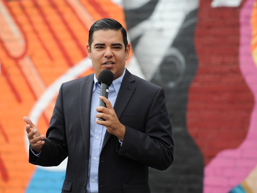 caption: Long Beach Mayor Robert Garcia, pictured in 2016, says his mother "found" the American dream. She died of COVID-19 in July.
