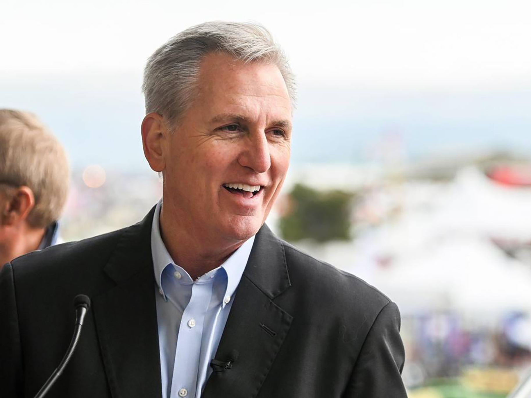 caption: Speaker of the House Kevin McCarthy speaks to the media following the opening ceremonies at the World Ag Expo on Tuesday in Tulare, Calif.