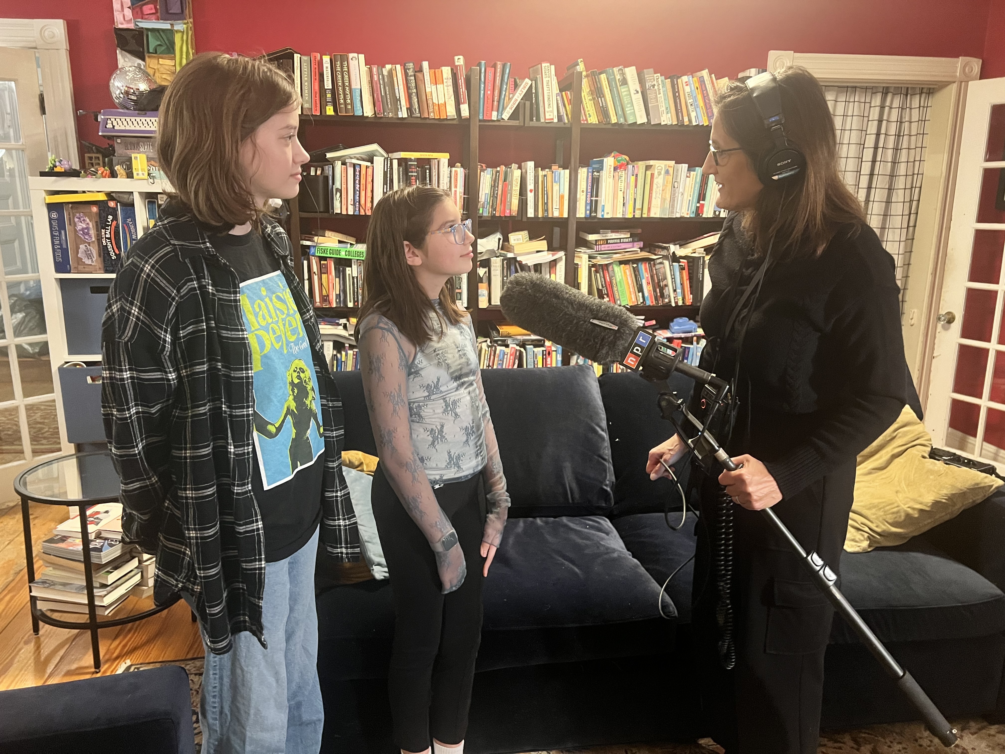 caption: Jules Randell, 15, and little sister Bee, 12, talk with NPR correspondent Tovia Smith at their home in a Boston suburb days after Vice President Harris lost her bid to become the first female U.S. president.