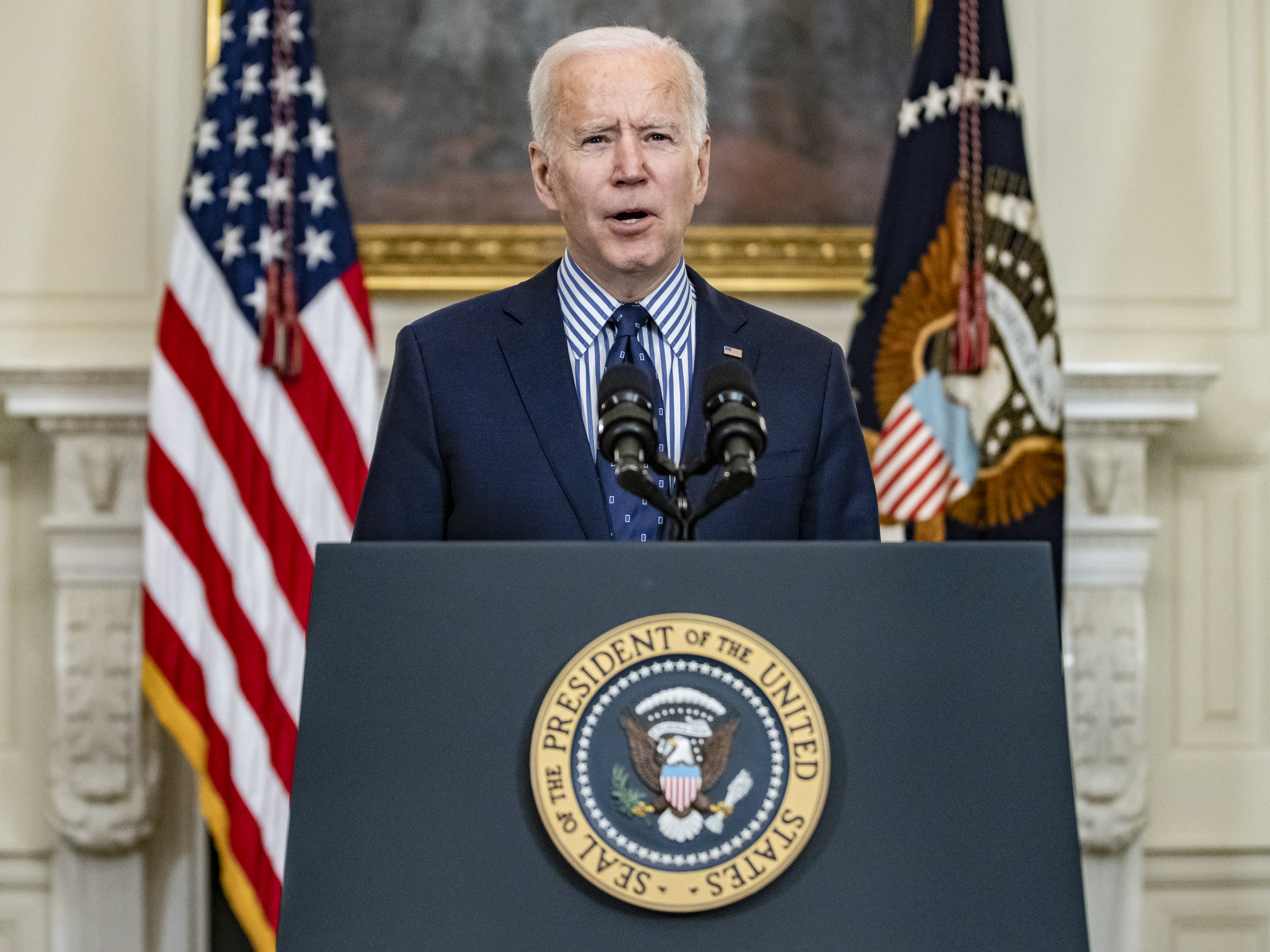 caption: President Joe Biden speaks from the State Dining Room following the passage of the American Rescue Plan in the U.S. Senate at the White House on March 6, 2021.