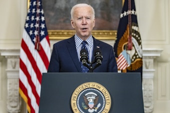 caption: President Joe Biden speaks from the State Dining Room following the passage of the American Rescue Plan in the U.S. Senate at the White House on March 6, 2021.