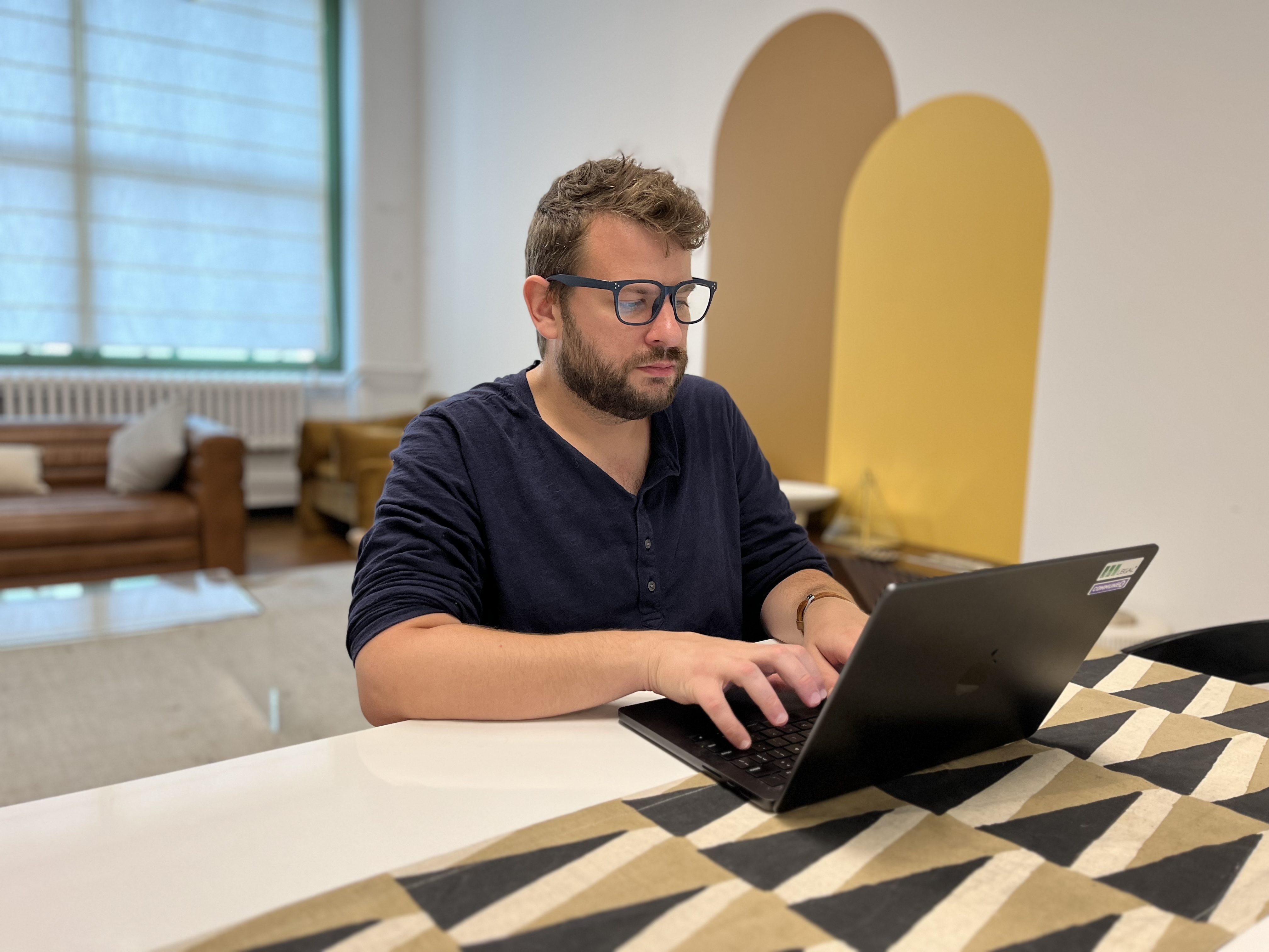 caption: Jeremy Green Eche of Brooklyn bought the Harris-Walz domain name, along with many other hypothetical tickets, in 2020. He describes himself as "the best political cybersquatter ever."