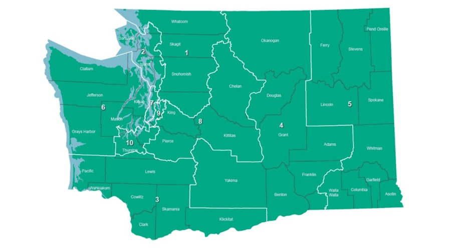 caption: Washington State's Congressional Districts as drawn after the 2010 census