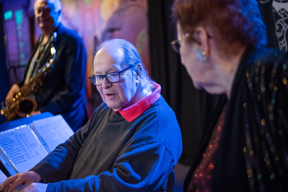 caption: Stevie Haberman plays piano with singer Mary Lou Gnoza and sax player Gary Danielson. Stevie and Mary Lou have been playing together for nearly 30 years in the Tri-Cities, Washington. 