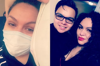 caption: Martinez (left) when she was sick with coronavirus in March. On the right, she is posing with her 17-year old son Mario who tested positive for Covid-19. 