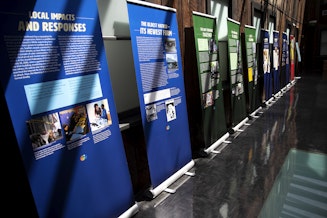 caption: The "Confronting Hate Together" exhibit is displayed on Tuesday, May 14, 2024, at the Wing Luke Museum in Seattle. More than half of the museum staff walked off the job to protest the exhibit, which they said did not include the perspectives of Palestinians, Arabs, or Muslim communities.