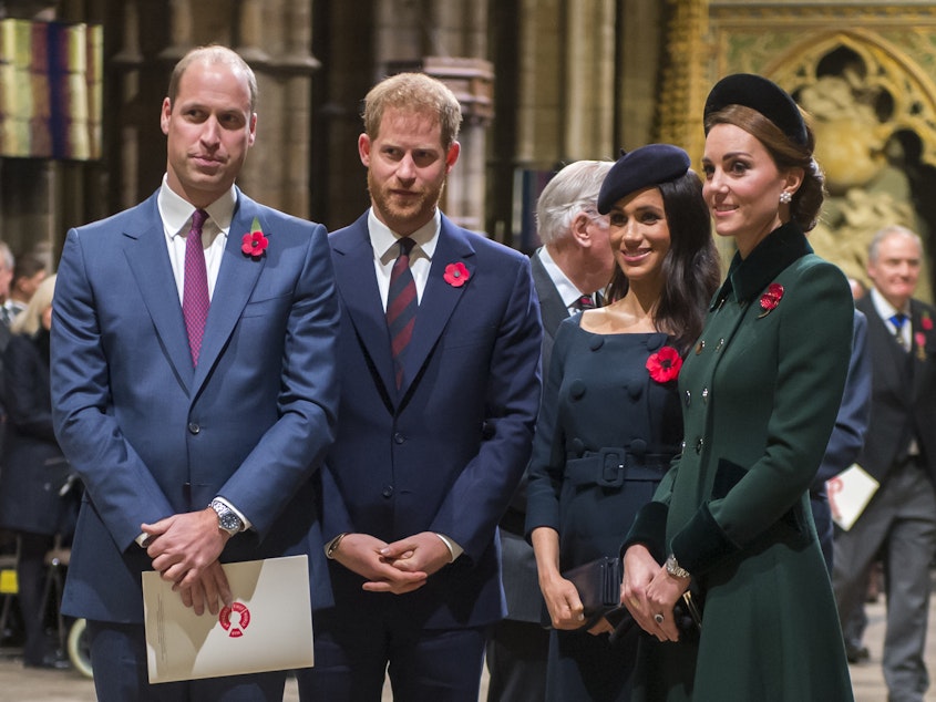 caption: Prince Harry (center left), Duke of Sussex, and Meghan, Duchess of Sussex, join Prince William, Duke of Cambridge, and Catherine, Duchess of Cambridge, at a service marking the centenary of the World War I armistice at Westminster Abbey on Nov. 11, 2018.