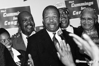 caption: Politician and Maryland congressional representative Elijah Cummings at his campaign headquarters, 1988.