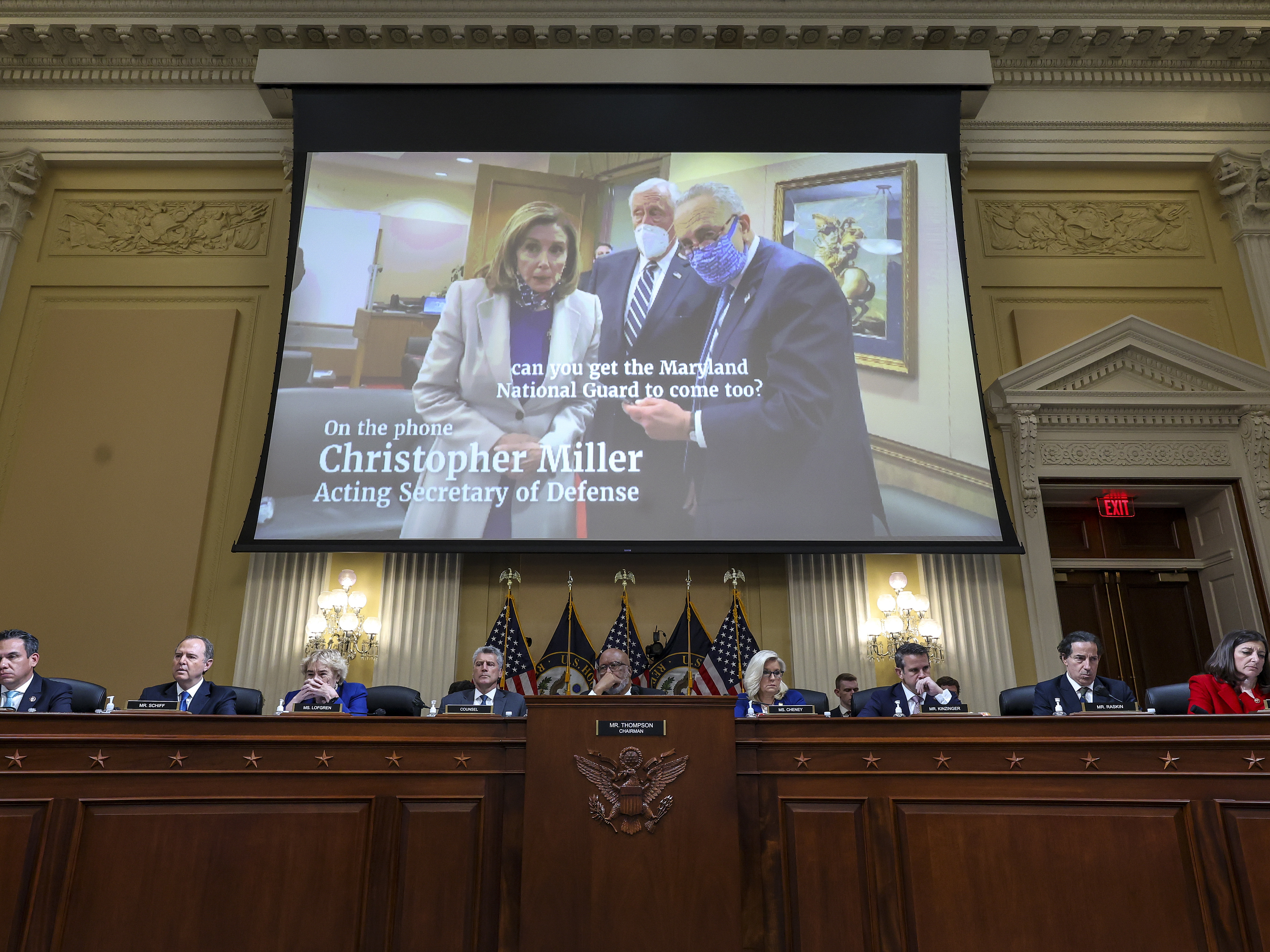 caption: A video of U.S. Speaker of the House Nancy Pelosi (D-CA), Senate Majority Leader Charles Schumer (D-NY) and House Majority Leader Steny Hoyer (D-MD) is played during a hearing by the House Select Committee to Investigate the January 6th Attack on the U.S. Capitol in the Cannon House Office Building on October 13, 2022 in Washington, DC.