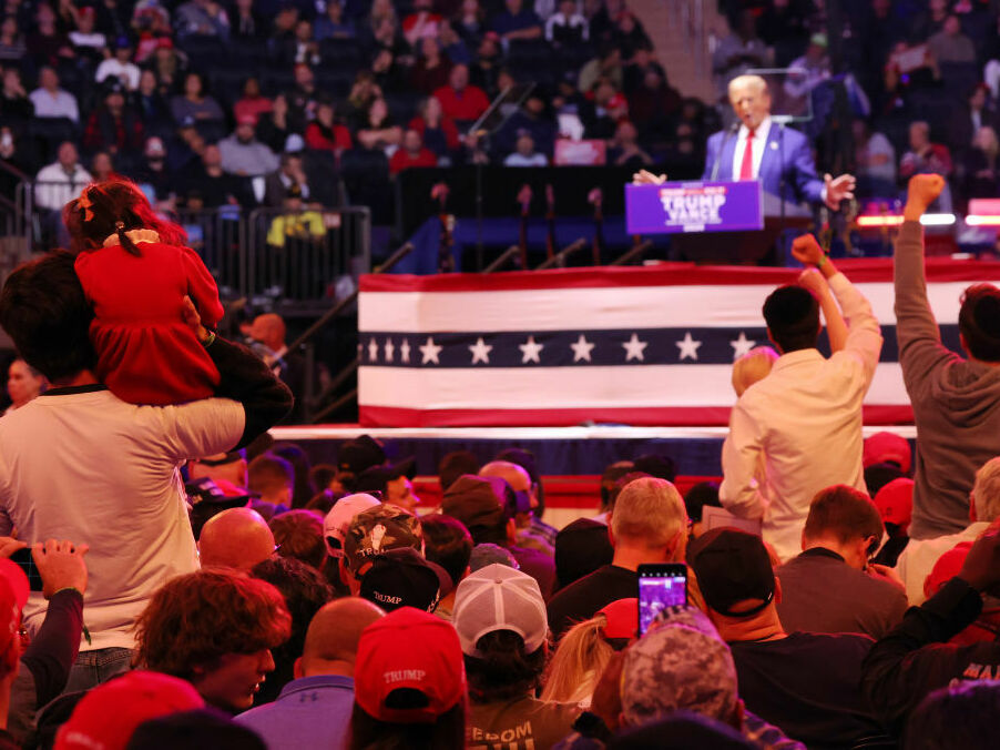 caption: Supporters of Republican presidential nominee, former U.S. President Donald Trump react as he speaks at a campaign rally at Madison Square Garden on October 27, 2024 in New York City.