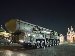 caption: A Russian Yars ballistic missile mounted on a mobile launcher during a rehearsal for the Victory Day military parade in Red Square in 2018. Russia has refrained from testing its nuclear weapons since the 1990s.
