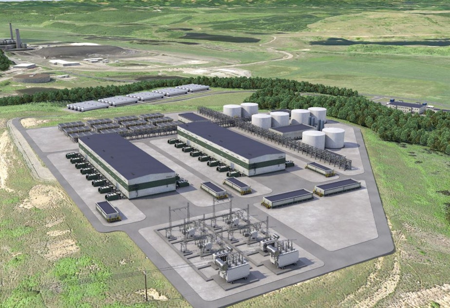 caption: Artist's rendering of the hydrogen production plant proposed in Centralia, Washington, by Australia-based Fortescue Future Industries. The soon-to-close Centralia coal power plant can be seen at left rear.
