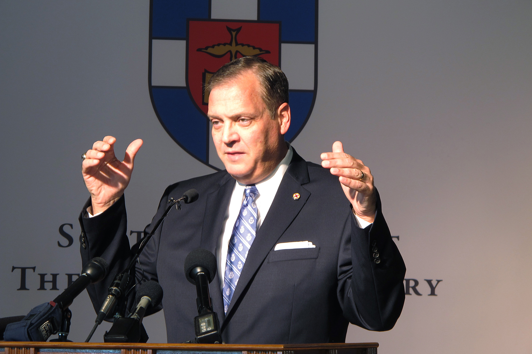 caption: The Rev. R. Albert Mohler Jr., president of Southern Baptist Theological Seminary, speaks to reporters on Monday, Oct. 5, 2015. (Bruce Schreiner/AP)