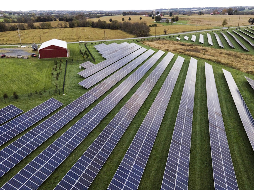 caption: Farmland is seen with solar panels from Cypress Creek Renewables, Oct. 28, 2021, in Thurmont, Md.