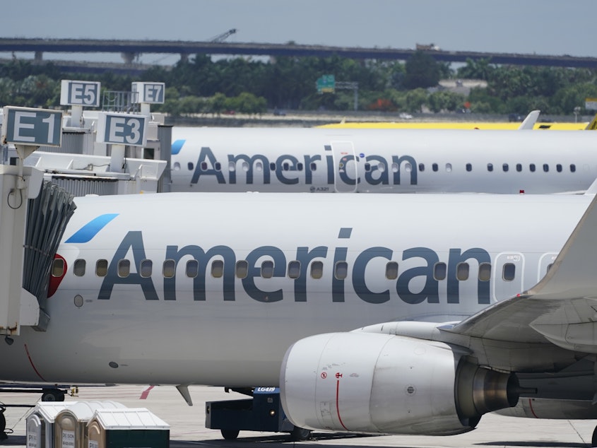 caption: Two American Airlines Boeing 737s are shown at the Fort Lauderdale-Hollywood International Airport in Fort Lauderdale, Fla., in 2022. Hackers gained access to personal information of some customers and employees at American Airlines.