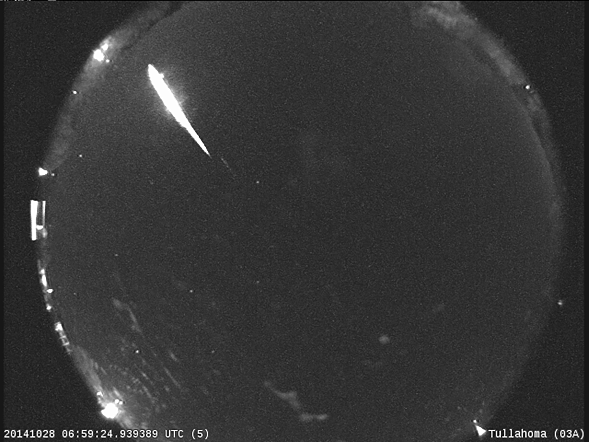 caption: This 2014 image provided by NASA shows a Taurid fireball recorded at the NASA All Sky Fireball Network station in Tullahoma, Tenn.