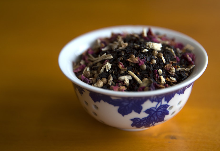 caption: The O-Negative, a True Blood themed tea blend of black and red tea, chicory, coriander and rose, is shown on Tuesday, January 28, 2019, at Friday Afternoon, a tea room along Stone Way North, in Seattle. The O-Negative is Friday Elliott's second favorite tea she's ever blended. 