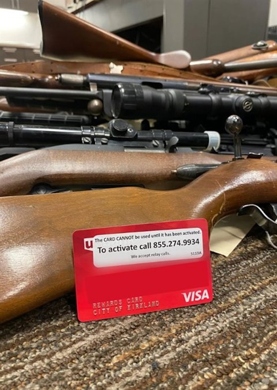 caption: Guns turned into the Kirkland police department during its June 2022 Gift Cards for Guns event. Residents could turn in unneeded firearms in exchange for a gift card. 