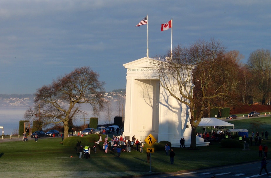 caption: Cross-border traffic at the Peace Arch and other places along the U.S.-Canada border has fallen dramatically since nonessential crossings were limited due to the pandemic.