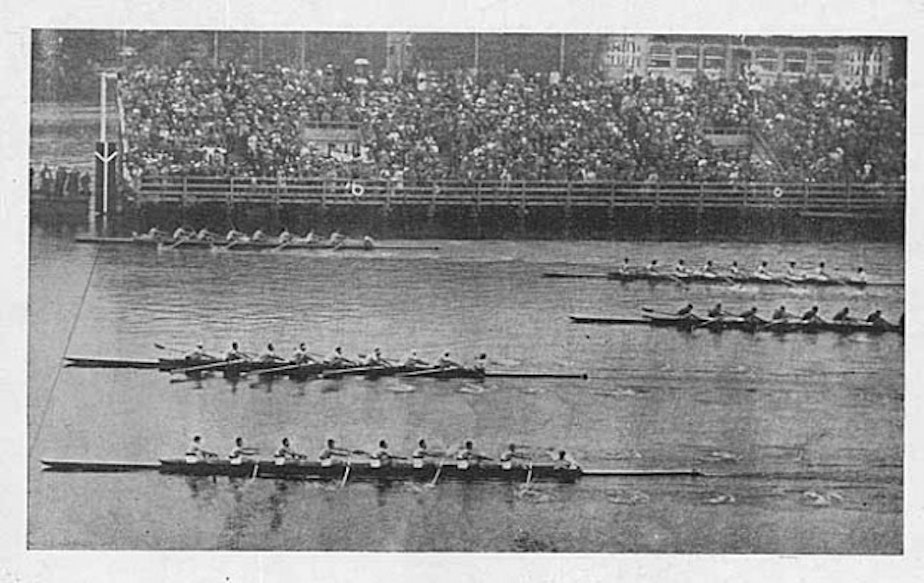 caption: At the 1936 Olympic Games, the University of Washington eight-oar boat crossed the finish line ahead of Italy. They were featured in "The Boys in the Boat" by Seattle-area author Daniel James Brown.