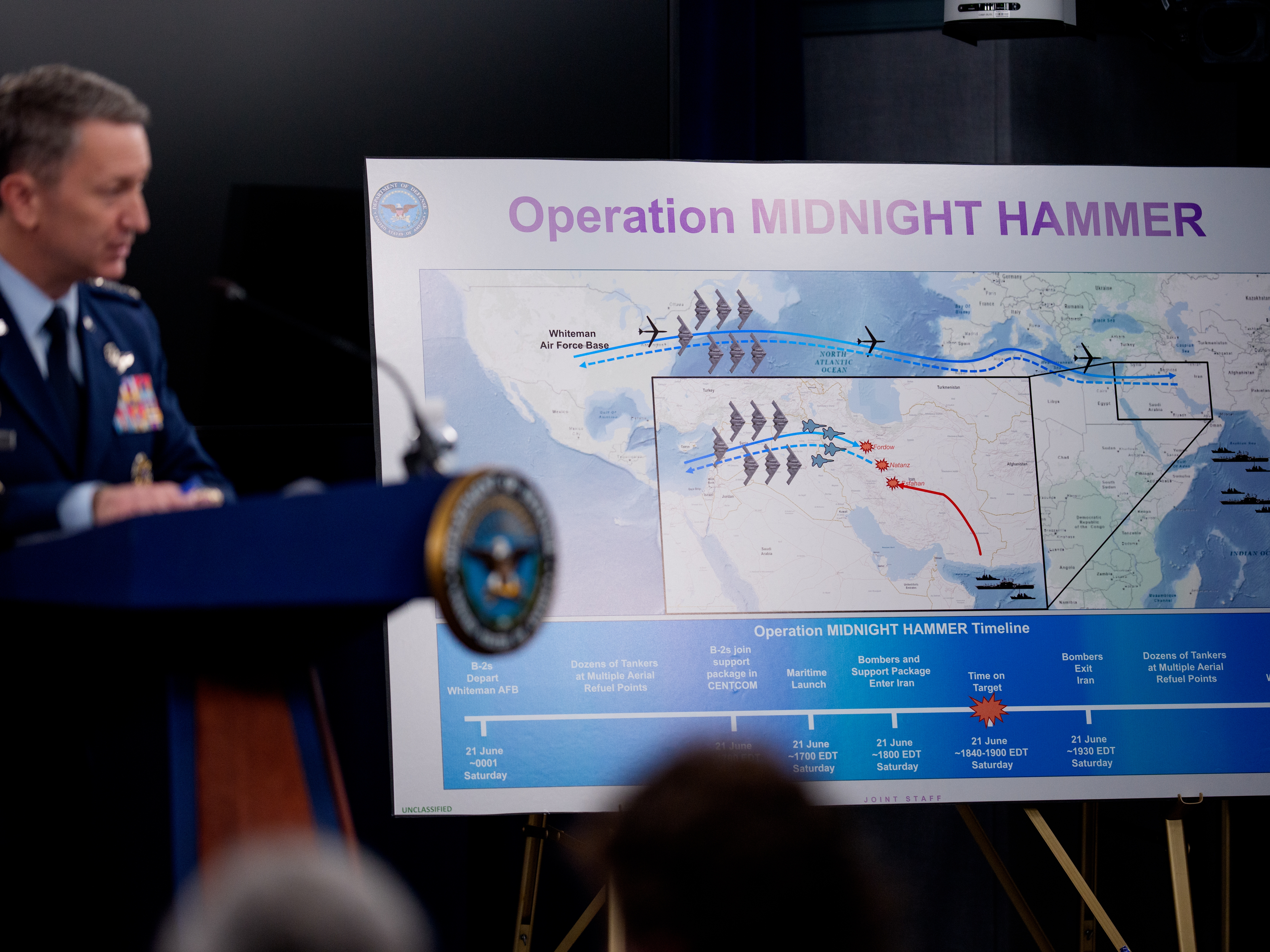 caption: Chairman of the Joint Chiefs of Staff Air Force Gen. Dan Caine discusses the mission details of a strike on Iran during a news conference at the Pentagon on June 22, 2025 in Arlington, Va.