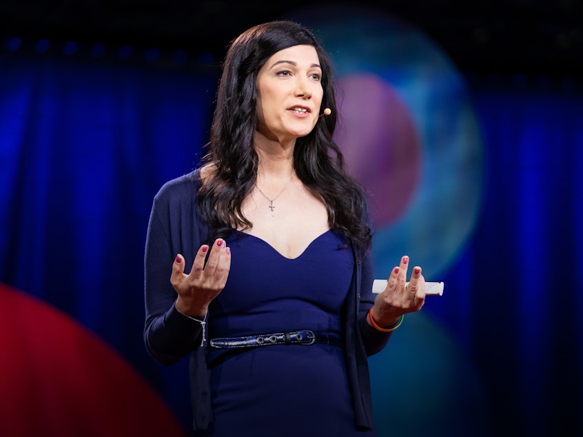 caption: Karissa Sanbonmatsu speaks at TEDWomen 2018. Photo: Marla Aufmuth