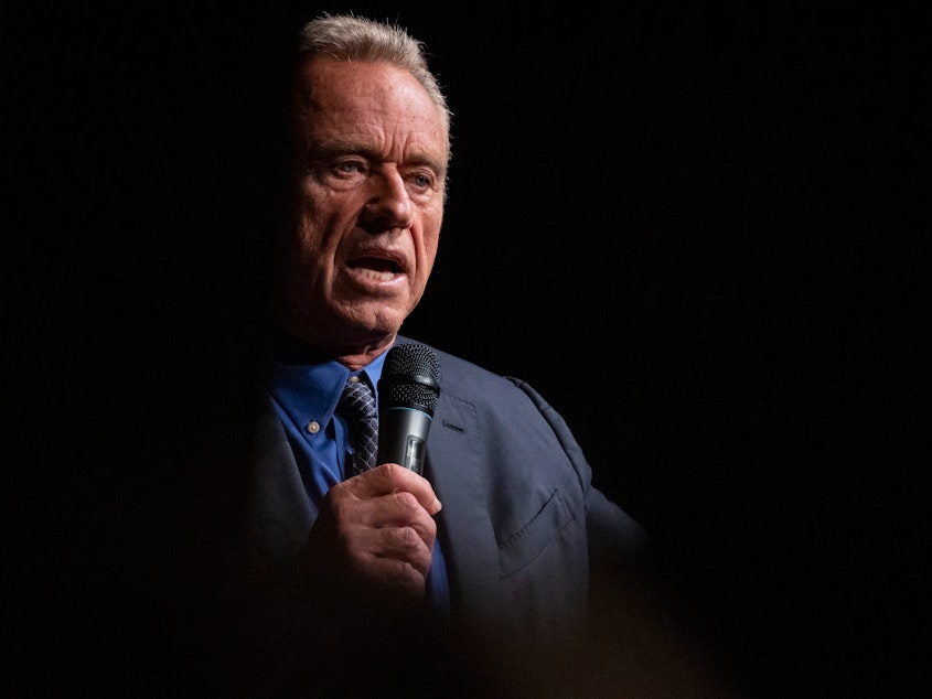 caption: Robert F. Kennedy Jr., who is running as an independent presidential candidate, speaks during a campaign event in Miami Sunday.