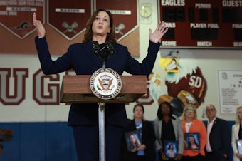 caption: Vice President Kamala Harris on Saturday spoke at Marjory Stoneman Douglas High School in Parkland, Fla., about gun safety measures after meeting with families whose loved ones were killed during the 2018 shooting at the school.