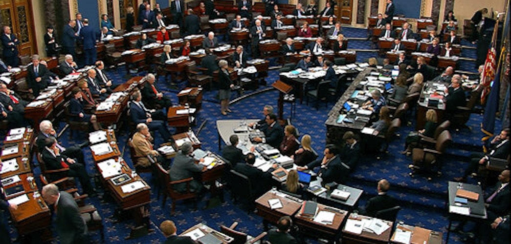 In this image from video, Senators vote to table an amendment by Senate Minority Leader Chuck Schumer, D-N.Y., during the impeachment trial against President Donald Trump in the Senate at the U.S. Capitol in Washington, Wednesday, Jan. 22, 2020. (Senate Television via AP)