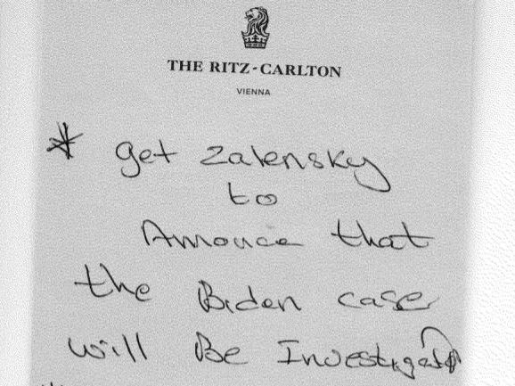 caption: A handwritten note by Rudy Giuliani associate Lev Parnas lists his tasks, starting with getting Ukraine's new president to announce an investigation into "the Biden case."