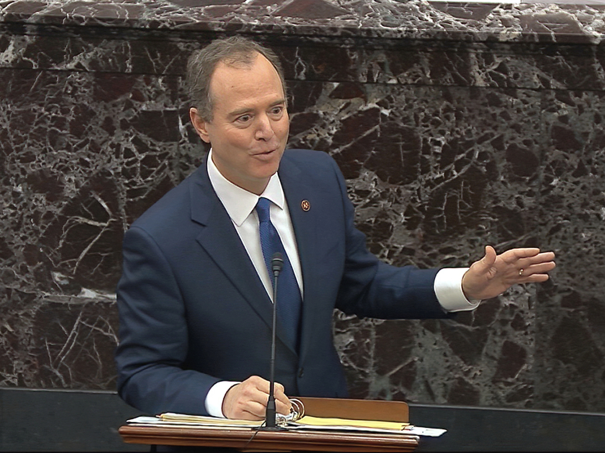 caption: In this image from video, House impeachment manager Rep. Adam Schiff, D-Calif., speaks during the impeachment trial in the Senate. Schiff's stance is that "you can't have a fair trial without witnesses."