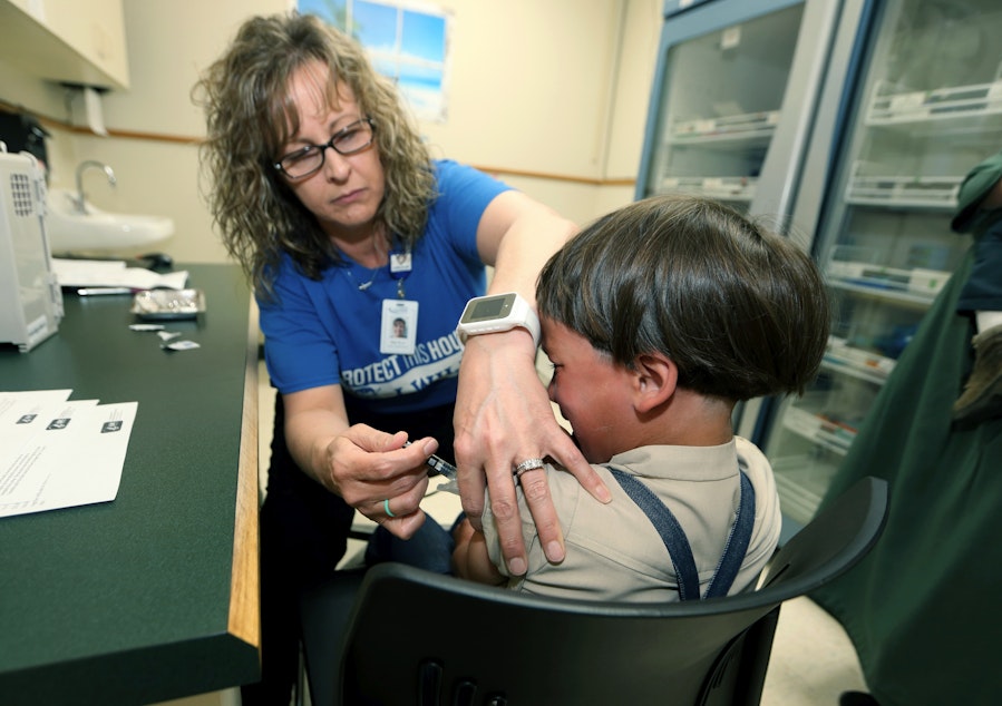 caption: In this Friday, May 17, 2019 photo, Starr Roden, left, a registered nurse and immunization outreach coordinator with the Knox County Health Department, administers a vaccination to Jonathan Detweiler, 6, at the facility in Mount Vernon, Ohio. 