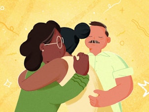 Illustration of a Latinx young adult hugging their parents after having a conversation about mental health.