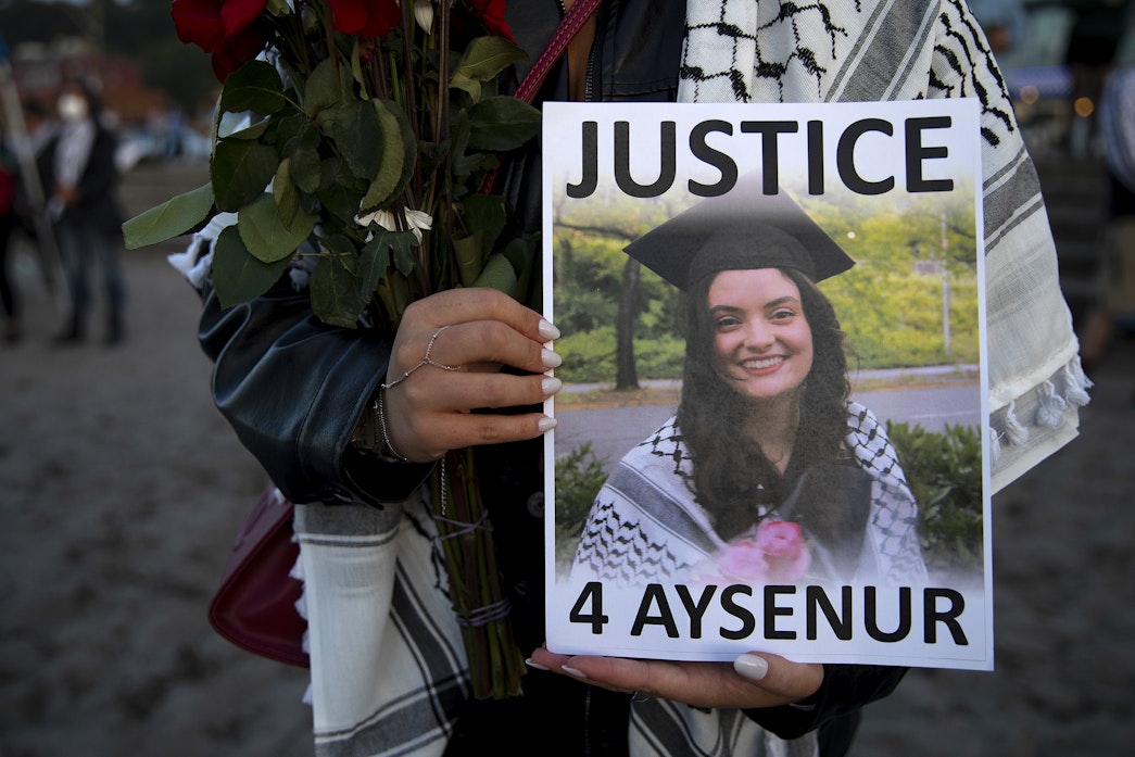 caption: Hundreds gathered for a vigil in honor of Aysenur Ezgi Eygi, a 26-year-old Turkish American activist who was killed by Israeli soldiers while participating in an anti-settlement protest in the occupied West Bank, on Wednesday, September 11, 2024, at Alki Beach Park in Seattle.