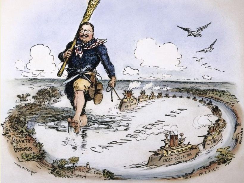 caption: President Theodore Roosevelt's philosophy of "speak softly and carry a big stick" prioritized diplomacy first, with military force as a last resort.