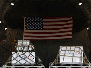 caption: A shipment of medical aid from the United States, including 50 ventilators, appears inside a U.S. Air Force C-17 Globemaster transport plane Thursday at Vnukovo International Airport outside Moscow.