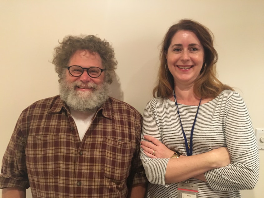 caption: Crosscut writer Knute Berger and KUOW's Kim Malcolm