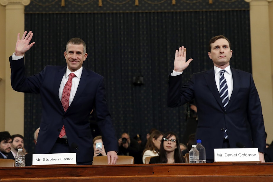 caption: Republican staff attorney Steve Castor, left, and Democratic staff attorney Daniel Goldman and are sworn in to testify as the House Judiciary Committee hears investigative findings in the impeachment inquiry of President Donald Trump, Monday, Dec. 9, 2019, on Capitol Hill in Washington.