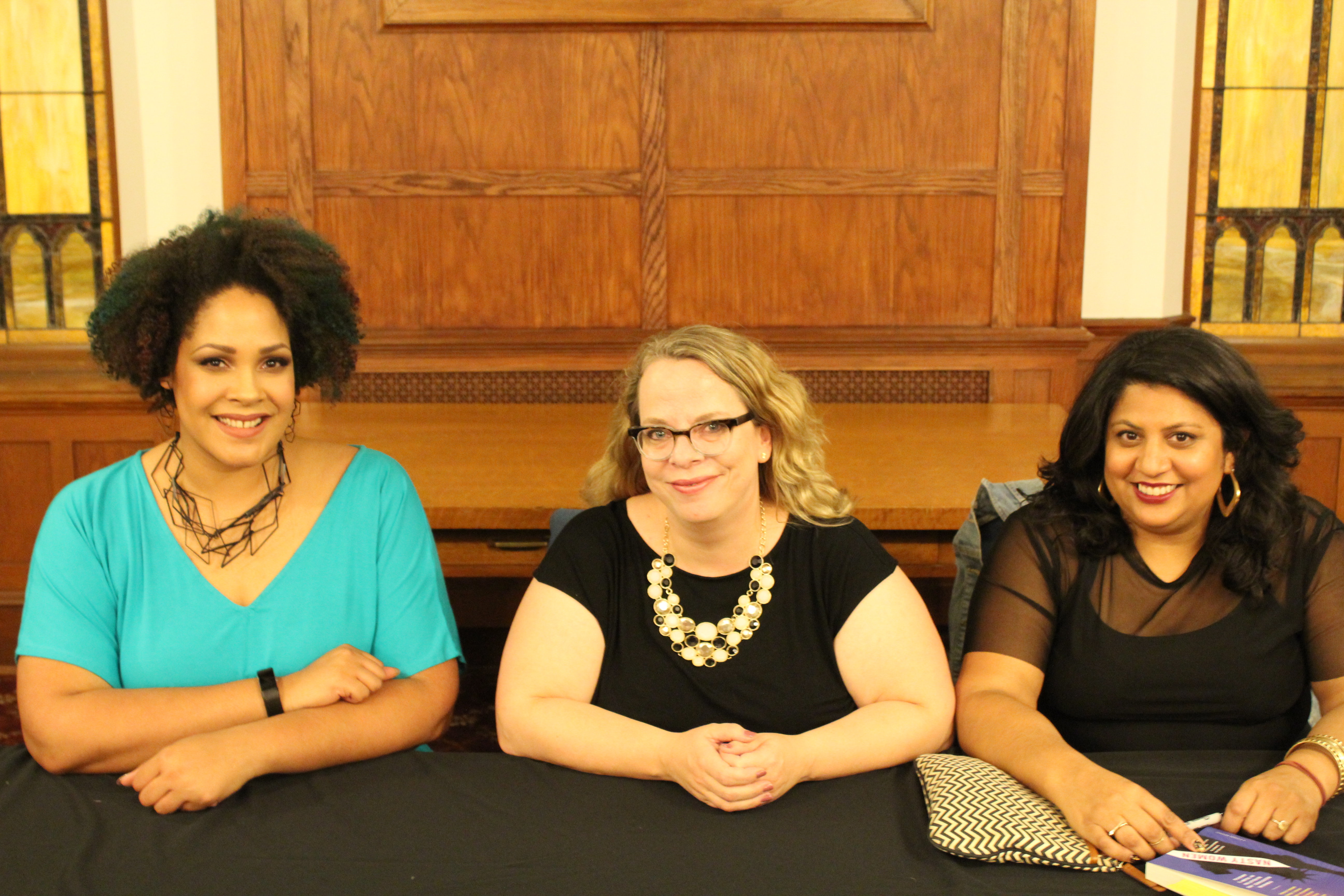 caption: Ijeoma Oluo, Kate Harding and Samhita Mukhopadhyay at Seattle First Baptist Church