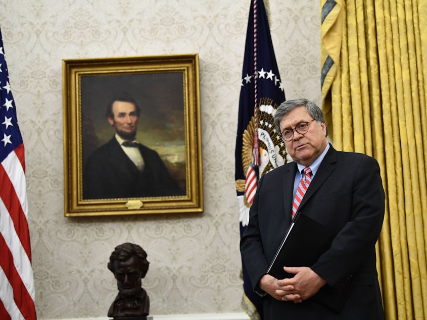 caption: Attorney General William Barr, at the White House last month, has placed blame for violence on what he calls "anarchistic and far-left extremists."
