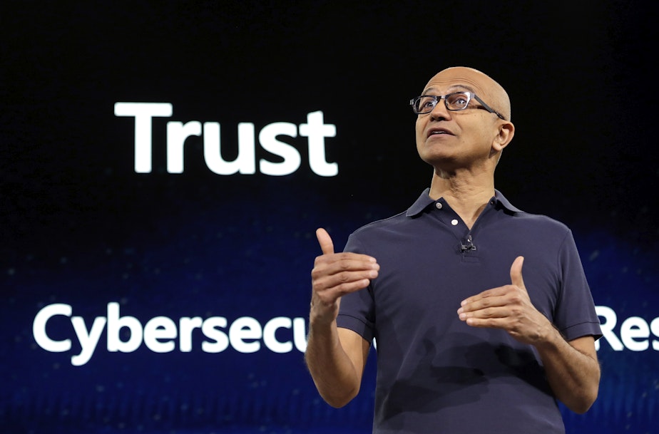 caption: Microsoft CEO Satya Nadella delivers the keynote address at Build, the company's annual conference for software developers, Monday, May 6, 2019, in Seattle. 