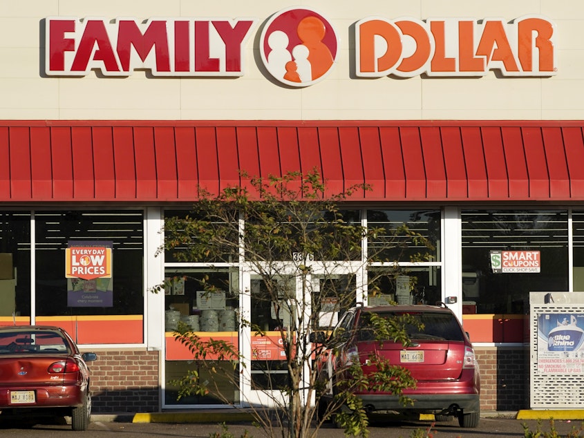 caption: The Family Dollar logo is centered above one of its variety stores in Canton, Miss., Thursday, Nov. 12, 2020. More than 1,000 rodents were found inside a Family Dollar distribution facility in Arkansas, the U.S. Food and Drug Administration announced Friday, Feb. 18, 2022 as the chain issued a voluntary recall affecting items purchased from hundreds of stores in the South.