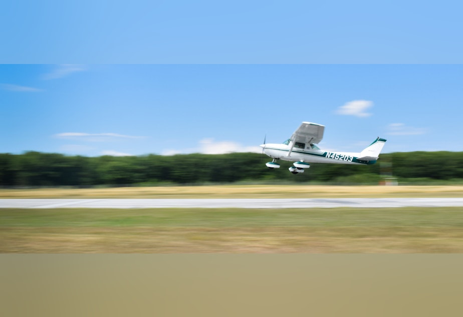 caption: A private pilot takes off at Franklin County State Airport in Vermont.